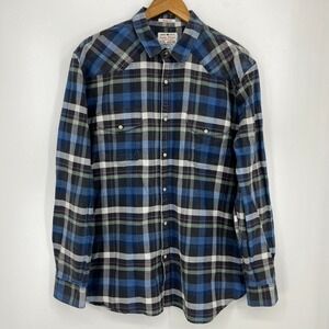 Lucky‎ Brand Long Sleeve Button Shirt Men's XL Blue Plaid Pearl Snap Classic Fit